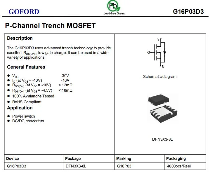 SMD Transistor G16p03D3 Dfn3X3-8L -30V -16A P Channel Field Effect Mosfet